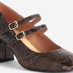 Babies à talon marron effet python