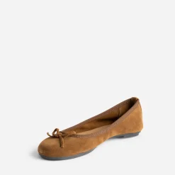 Ballerine cognac en cuir velours à petit nœud