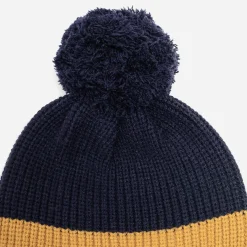 Bonnet marine, camel, bleu à pompon