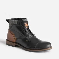 Boots à lacet noir et cognac en cuir