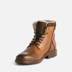 Boots cognac en cuir col fourré