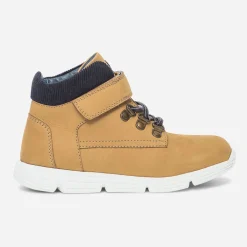Boots jaune en cuir et velours marine