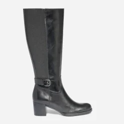 Botte à talon noire en cuir pour mollet large