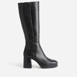 Botte noire en cuir à plateforme pour mollets fins