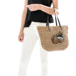Cabas beige effet raphia à patch noix de coco