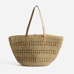 Cabas panier beige foncé raphia tressé