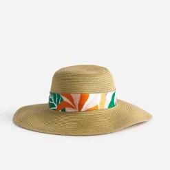 Capeline beige à ruban à motif végétal