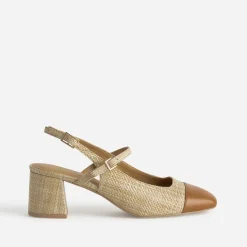 Escarpin slingback beige tressé bout camel