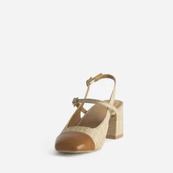Escarpin slingback beige tressé bout camel