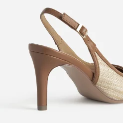 Escarpin slingback beige raphia bout pointu