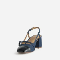 Escarpin slingback bleu denim brut et bout noir