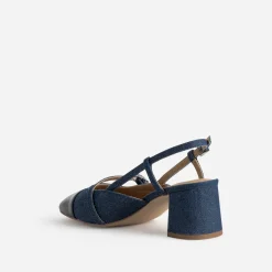 Escarpin slingback bleu denim brut et bout noir