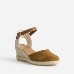 Espadrille compensée camel cuir velours éco-conçu