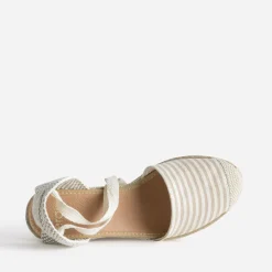 Espadrille compensée écrue toile rayée taupe
