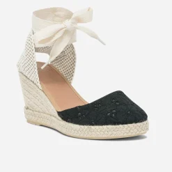 Espadrille compensée noire en toile avec broderie anglaise