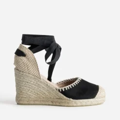 Espadrille compensée noire cuir velours brodé