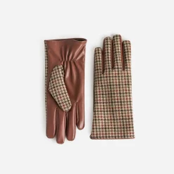 Gants cognac bi-matière à motif pied-de-poule