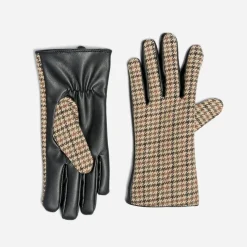 Gants noirs bi-matière à motif pied-de-poule