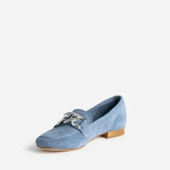 Mocassin bleu cuir velours maxi chaîne argentée