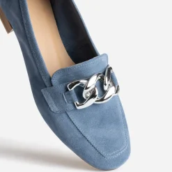 Mocassin bleu cuir velours maxi chaîne argentée