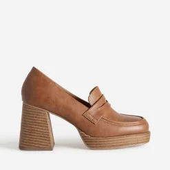 Mocassin camel à talon et plateforme