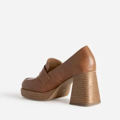 Mocassin camel à talon et plateforme