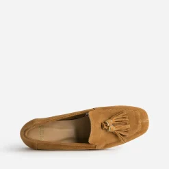 Mocassin camel cuir velours à pampilles