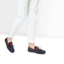 Mocassin marine cuir velours lacet rouge