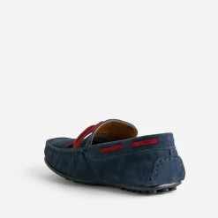 Mocassin marine cuir velours lacet rouge