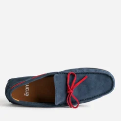 Mocassin marine cuir velours lacet rouge