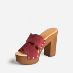 Mule à talon TEXTO bordeaux en cuir velours