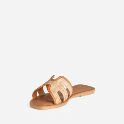 Mule beige effet raphia bords camel cuir