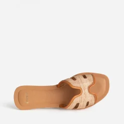 Mule beige effet raphia bords camel cuir