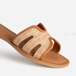 Mule beige effet raphia bords camel cuir