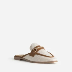 Mule bi-matière beige lin bordé cognac