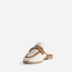 Mule bi-matière beige lin bordé cognac