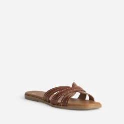 Mule cognac cuir brides détails couture