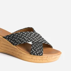 Mule compensée noire à brides tressées argent