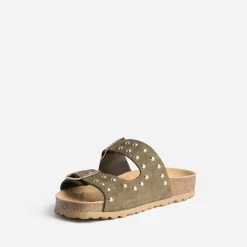 Mule TEXTO anatomique kaki en cuir velours éco-conçu à clous