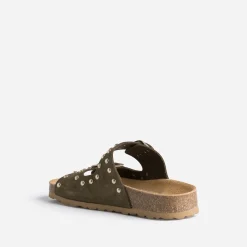 Mule TEXTO anatomique kaki en cuir velours éco-conçu à clous