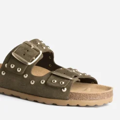 Mule TEXTO anatomique kaki en cuir velours éco-conçu à clous