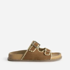 Mule TEXTO camel cuir velours brodé