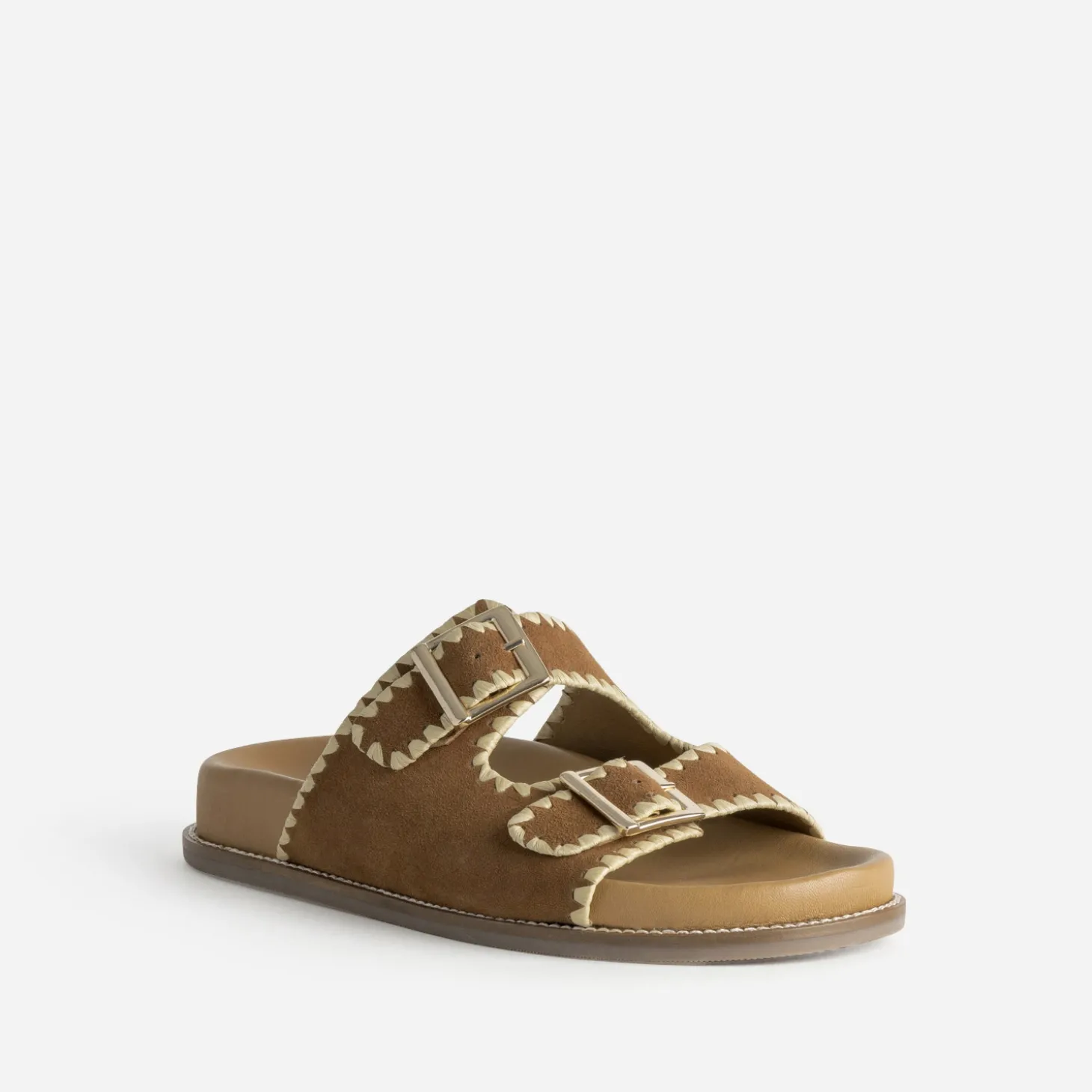 Mule TEXTO camel cuir velours brodé