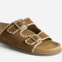 Mule TEXTO camel cuir velours brodé