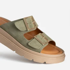 Mule TEXTO kaki cuir velours