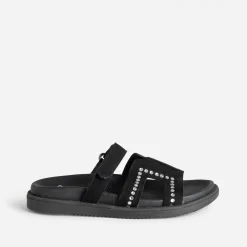 Mule TEXTO noire cuir velours décor strass