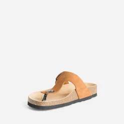 Mule-tong anatomique camel foncé en cuir velours éco-conçu