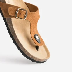 Mule-tong anatomique camel foncé en cuir velours éco-conçu