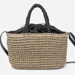 Panier beige foncé tressé à anses noires