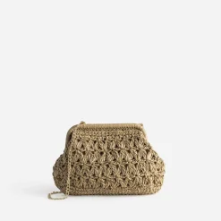 Pochette minaudière beige façon raphia tressé